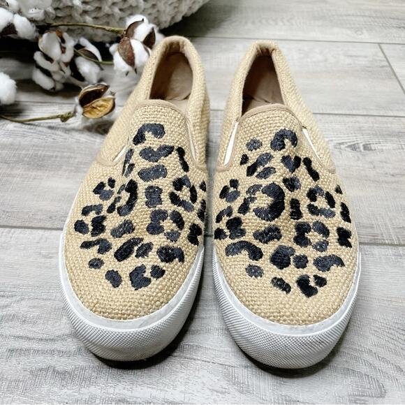 ASOS Embroidered Leopard Burlap Slip On Platform Sneakers Tan Black Size 9 - Picture 2 of 8